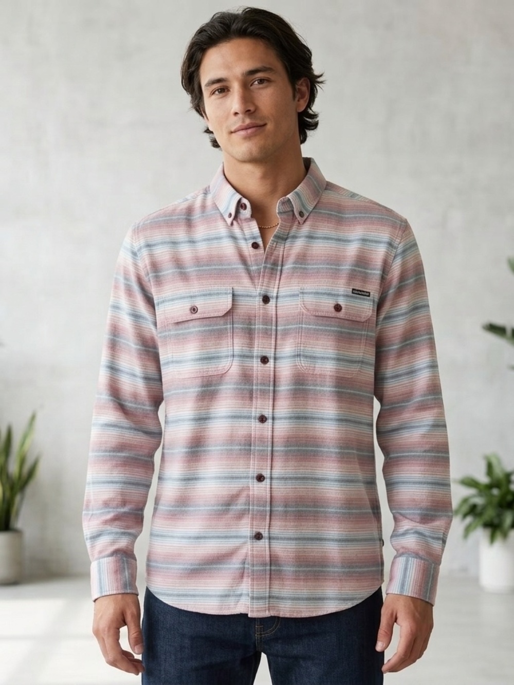 Quiksilver Mens Red Blue Ombre Stripe Long Sleeve Button Down Shirt Medium